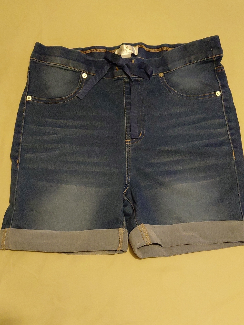 just be Dark Blue Denim Rolled-Hem Shorts with Drawstring